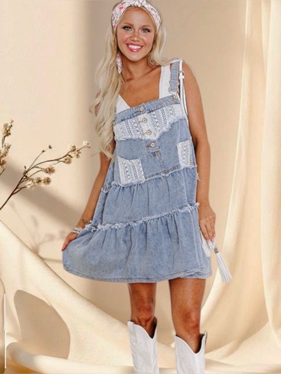 Dresses & Skirts - Denim Overall Lace Detail tiered Dress Mini